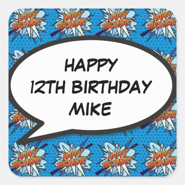 HAPPY BIRTHDAY Speech Bubble Fun Comic Book Square Sticker (Front)