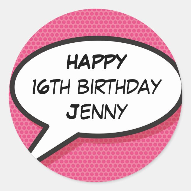 Happy Birthday Speech Bubble Fun Retro Girly Pink Classic Round Sticker (Front)