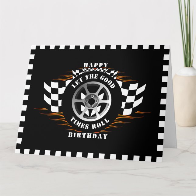 Happy Birthday Sports Car Racing Chequered Flag  Card (Front)