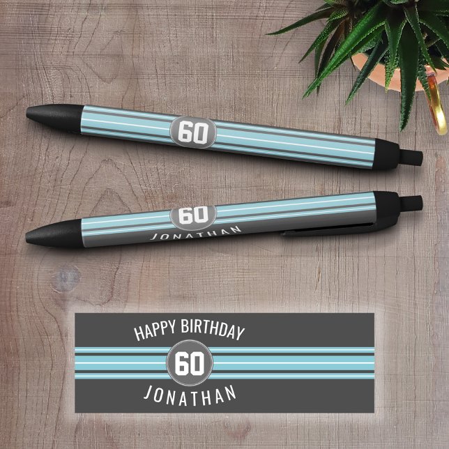 Happy Birthday Sports Jersey Stripes Name and Age Black Ink Pen (Personalized Writing Pens - add your name, monogram or other text)