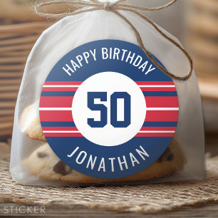 Happy Birthday Sports Jersey Stripes Name and Age Classic Round Sticker