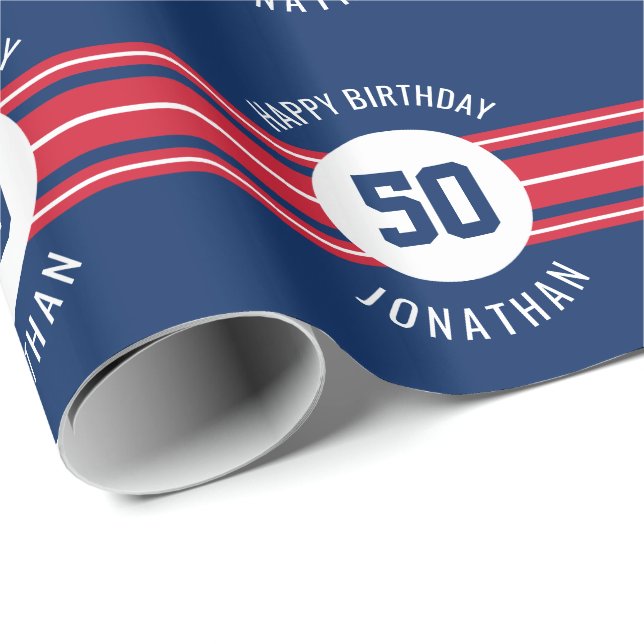 Happy Birthday Sports Jersey Stripes Name and Age Wrapping Paper (Roll Corner)