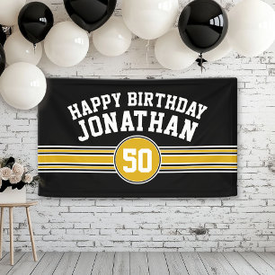 Happy Birthday Sports Stripes with Age Black Gold Banner
