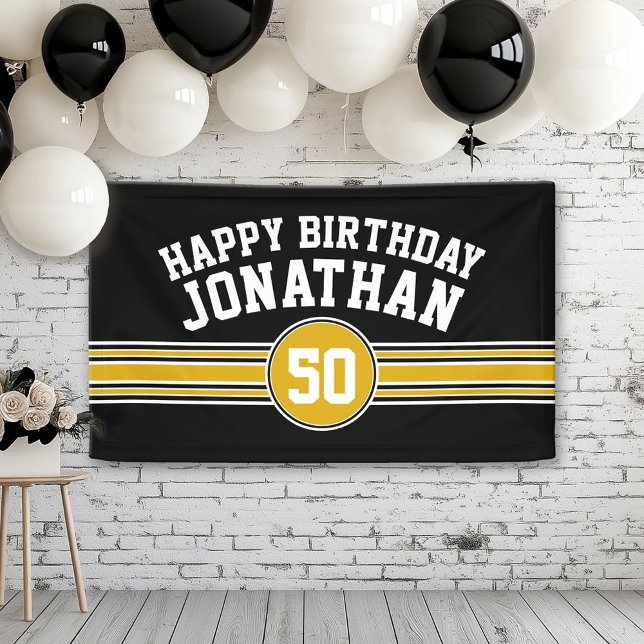 Happy Birthday Sports Stripes with Age Black Gold Banner (Custom Birthday Banner)
