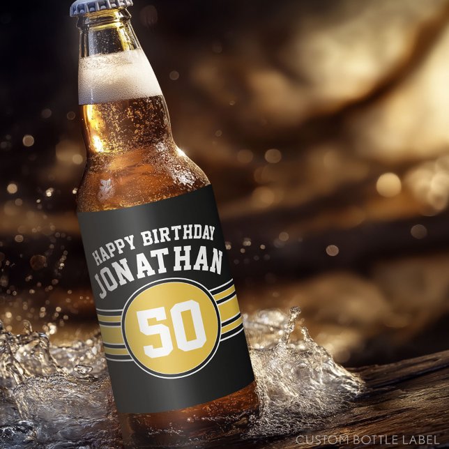 Happy Birthday Sports Stripes with Age Gold Black Beer Bottle Label (Custom Beer Bottle Label)