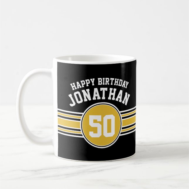 Happy Birthday Sports Stripes with Age Gold Black Coffee Mug (Left)