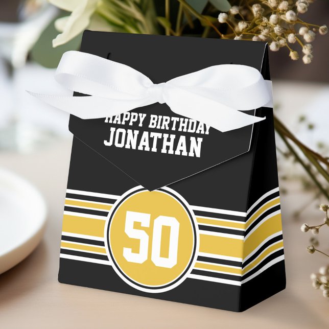 Happy Birthday Sports Stripes with Age Gold  Black Favour Box (Personalized gift box for birthday party favors)