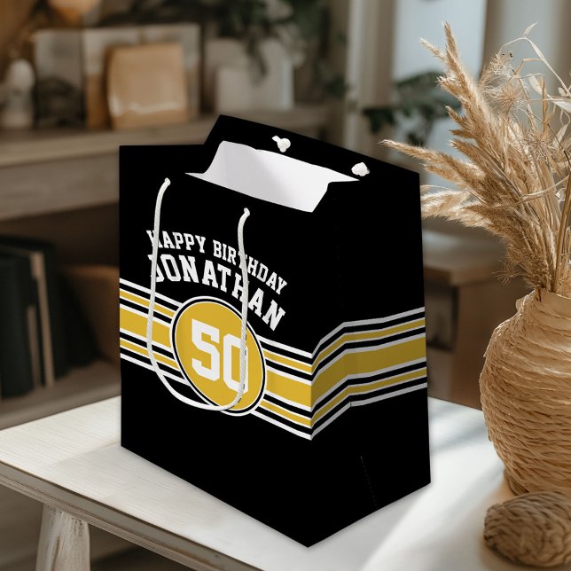 Happy Birthday Sports Stripes with Age Gold Black Medium Gift Bag (Custom Gift Bag)