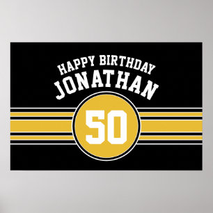 Happy Birthday Sports Stripes with Age Gold Black Poster