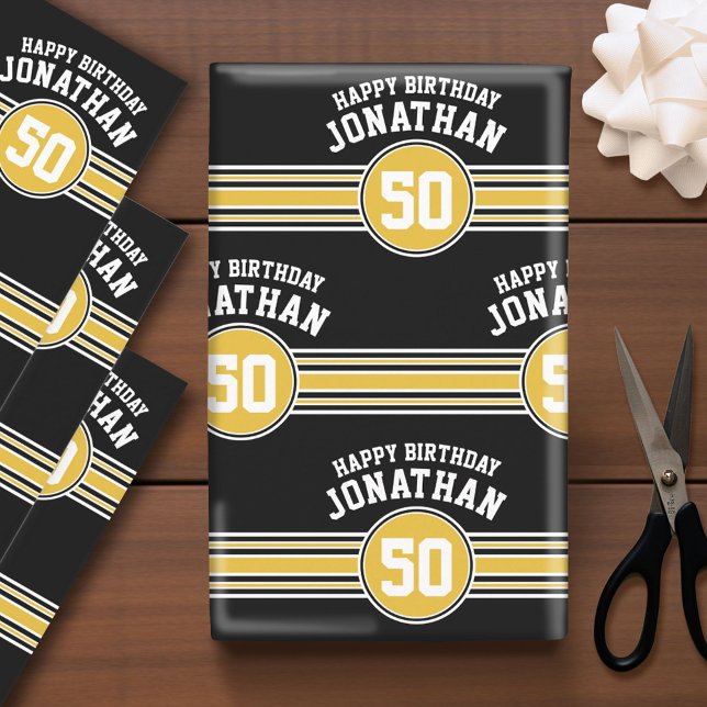 Happy Birthday Sports Stripes with Age Gold Black Wrapping Paper Sheet (Custom Wrapping Paper)