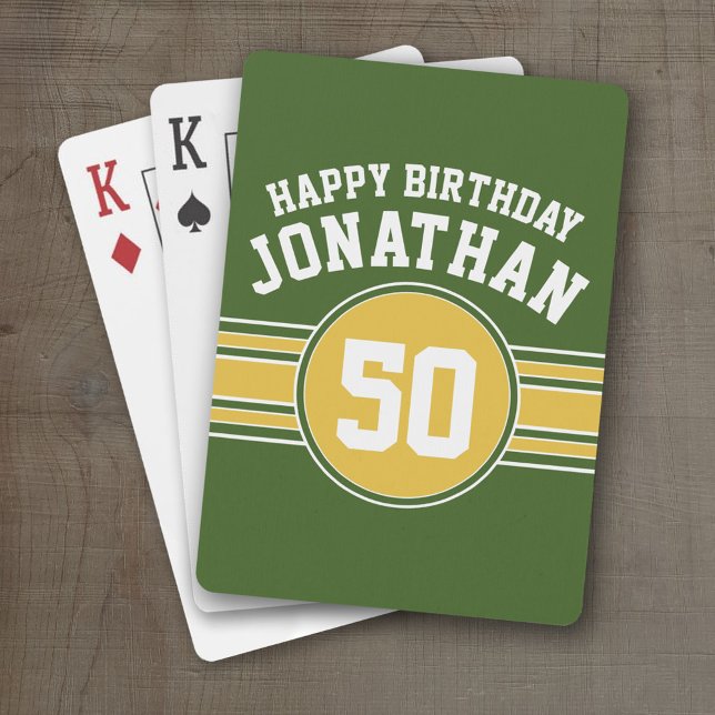 Happy Birthday Sports Stripes with Age Gold Green Playing Cards (Personalized Playing Cards - Sporty Stripes)