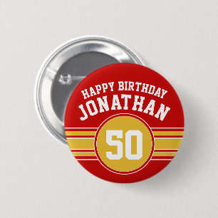 Happy Birthday Sports Stripes with Age Gold Red 6 Cm Round Badge