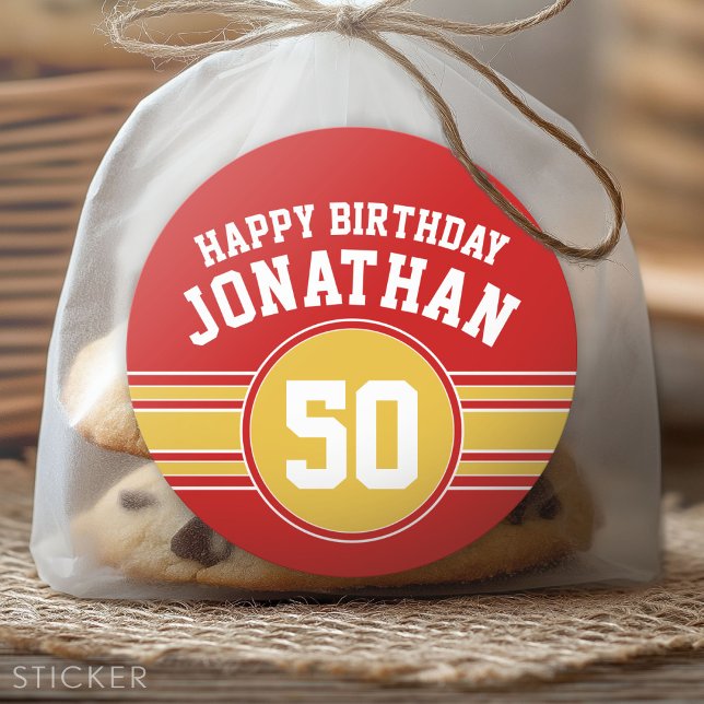 Happy Birthday Sports Stripes with Age Gold Red Classic Round Sticker (Custom Sticker for Party Favors and Envelopes)