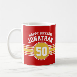 Happy Birthday Sports Stripes with Age Gold Red Coffee Mug