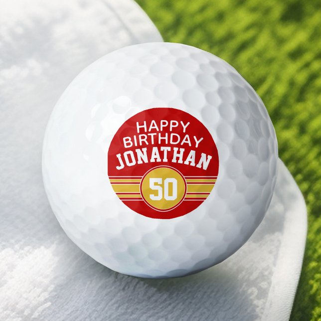 Happy Birthday Sports Stripes with Age Gold Red Golf Balls (Add Your Name to this Personalized Golf Ball)