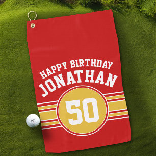 Happy Birthday Sports Stripes with Age Gold Red Golf Towel