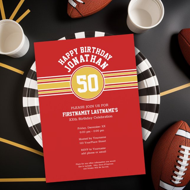 Happy Birthday Sports Stripes with Age Gold Red Invitation (Birthday Party Invitation - Sports Theme - Football Party Invitation)