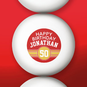Happy Birthday Sports Stripes with Age Gold Red Ping Pong Ball
