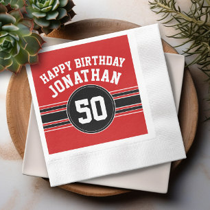 Happy Birthday Sports Stripes with Age - Red Black Napkin