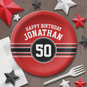 Happy Birthday Sports Stripes with Age - Red Black Paper Plate