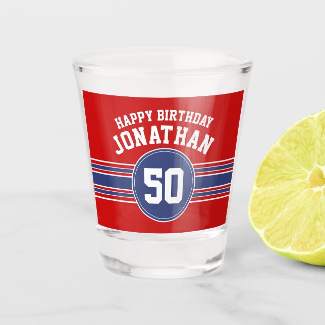Happy Birthday Sports Stripes with Age - Red Blue Shot Glass (Front)