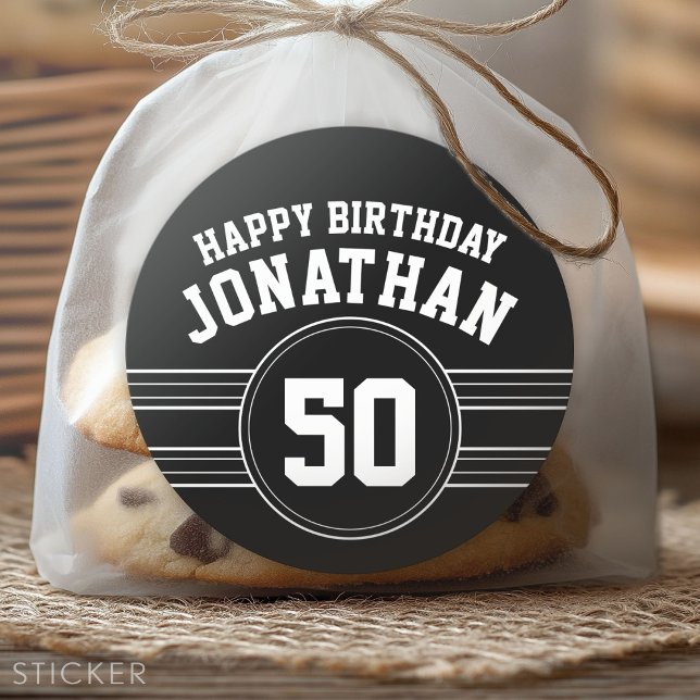 Happy Birthday Sports Stripes with Age White Black Classic Round Sticker (Custom Sticker for Party Favors and Envelopes)