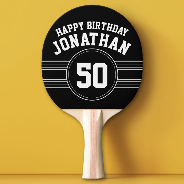 Happy Birthday Sports Stripes with Age White Black Ping Pong Paddle (Custom Ping Pong Paddle with a Sports Theme)