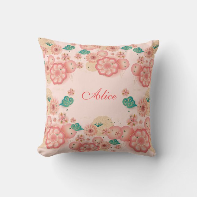 Happy Birthday Spring Peach Flower Garden Monogram Cushion (Front)