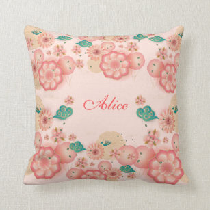 Happy Birthday Spring Peach Flower Garden Monogram Cushion
