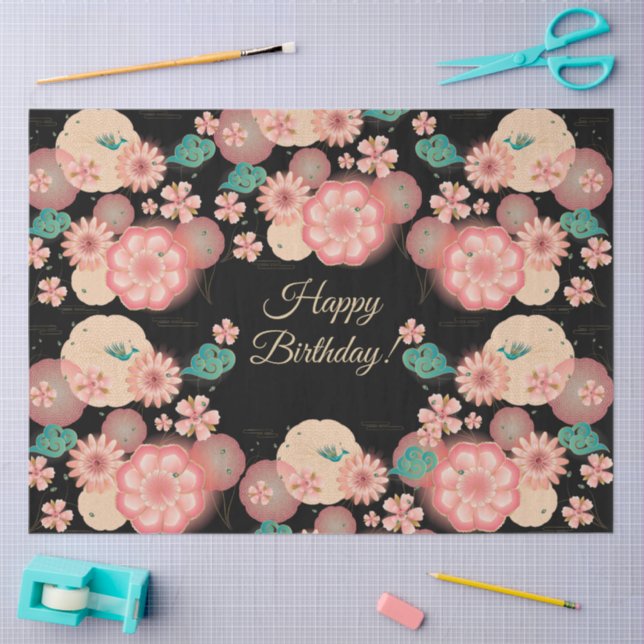 Happy Birthday - Spring Peach Flowers Garden Boho Tissue Paper (Craft)