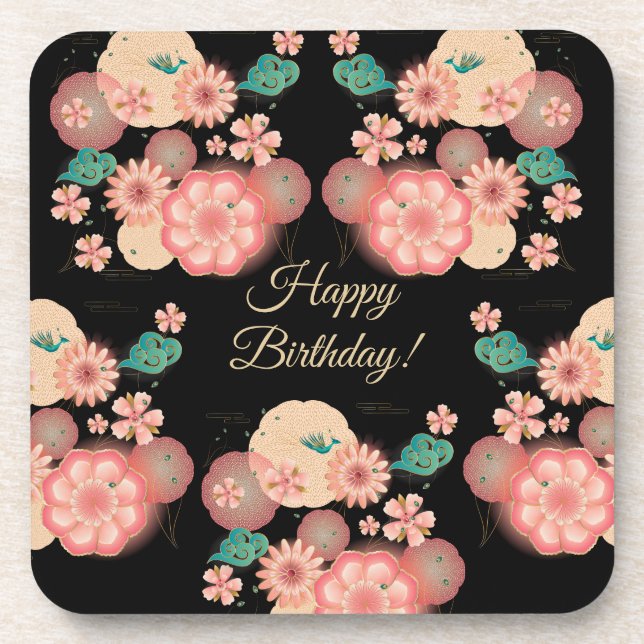 Happy Birthday - Spring Peach Flowers Garden Coaster (Front)
