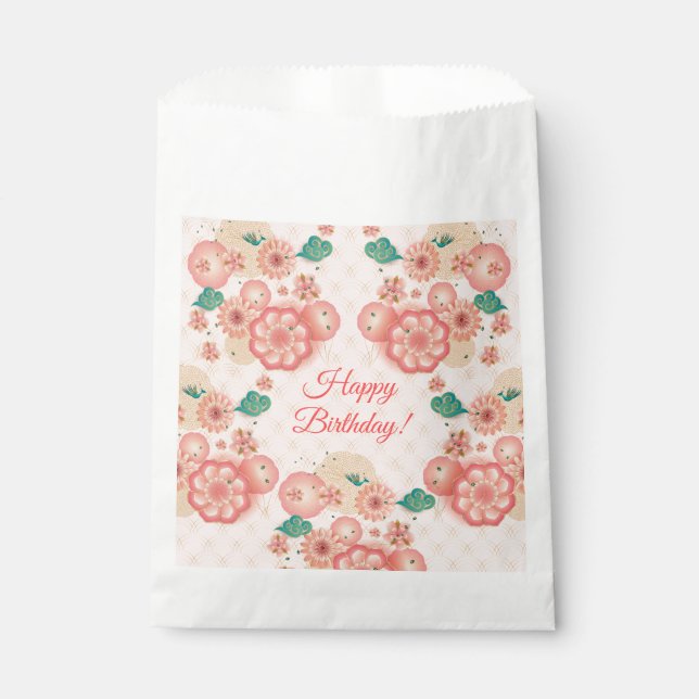 Happy Birthday - Spring Peach Flowers Garden Favour Bags (Front)