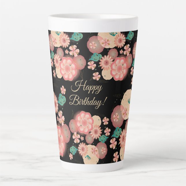 Happy Birthday - Spring Peach Flowers Garden Latte Mug (Front)