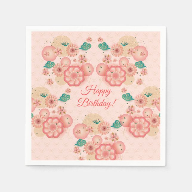Happy Birthday - Spring Peach Flowers Garden Napkin (Front)