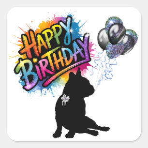 Happy Birthday square sticker with frenchie