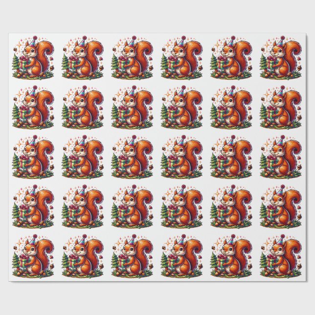Happy Birthday Squirrel Cute Cartoon Wrapping Paper (Flat)