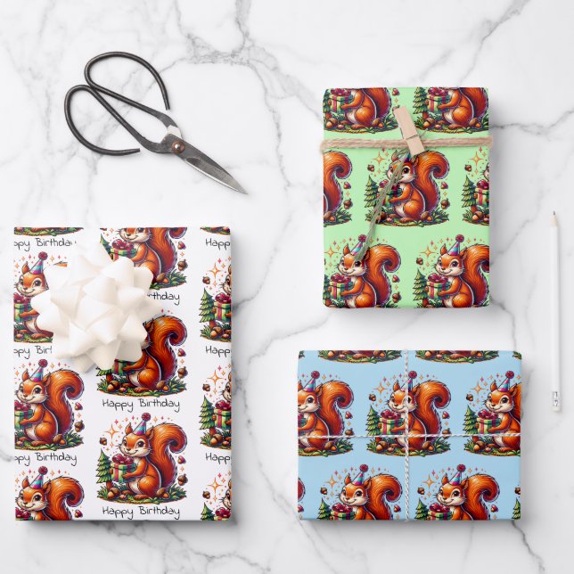 Happy Birthday Squirrel Cute Cartoon Wrapping Paper Sheet (Front)