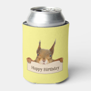 Happy Birthday Squirrel Holding Custom Sign  Can Cooler