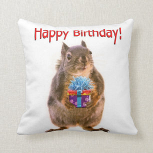 Happy Birthday Squirrel with Present Cushion