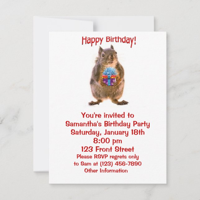 Happy Birthday Squirrel with Present Invitation (Front)