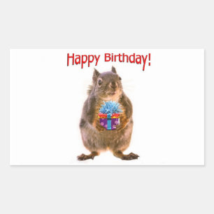 Happy Birthday Squirrel with Present Rectangular Sticker