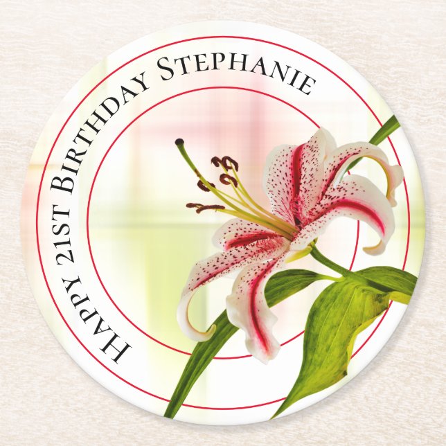Happy Birthday Stargazer Lily Floral Photography Round Paper Coaster (Front)