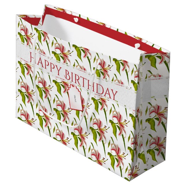Happy Birthday Stargazer Lily Flower Pattern Large Gift Bag (Front Angled)