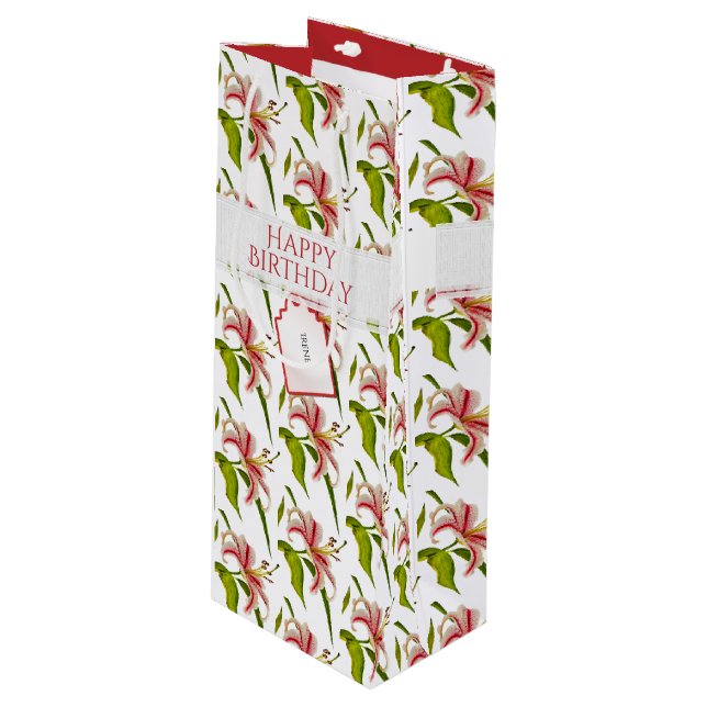 Happy Birthday Stargazer Lily Photo Pattern Wine Gift Bag (Front Angled)