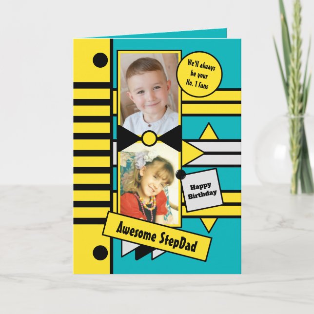 Happy Birthday Step Dad yellow turquoise photo Card (Front)