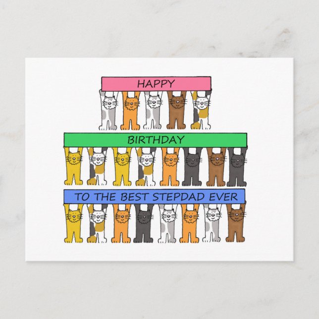 Happy Birthday Stepdad Cartoon Cats Postcard (Front)