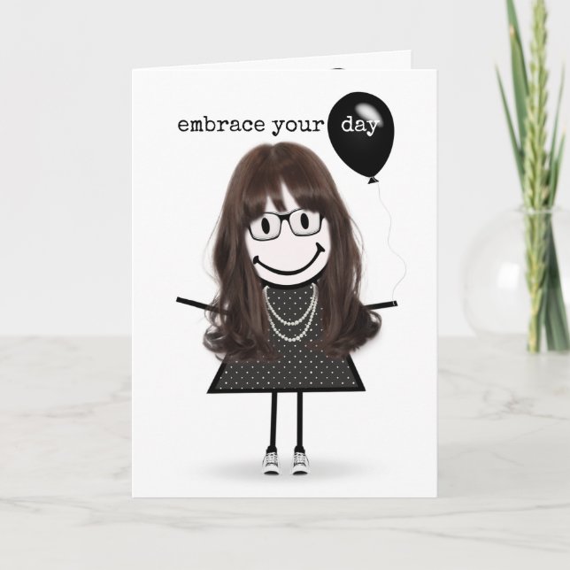 Happy Birthday Stick Figure Girl with Balloon Card (Front)