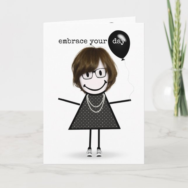 Happy Birthday Stick Figure Girl with Balloon Card (Front)