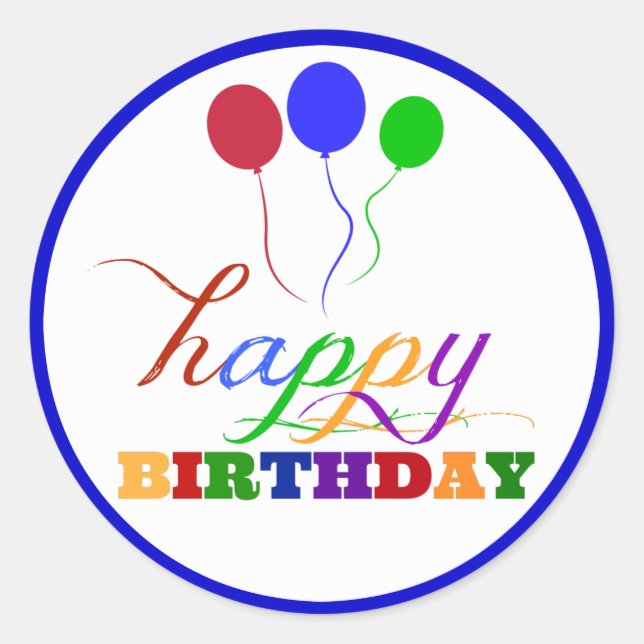 Happy Birthday Sticker Blue Edge Colourful Balloon (Front)