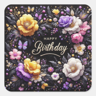 Happy Birthday Sticker: Elegant Black Square Sticker